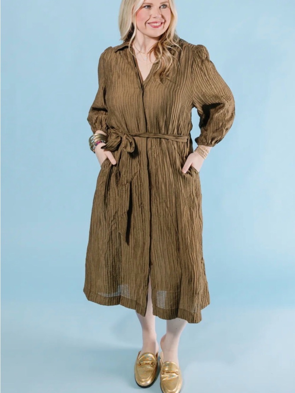Umgee Olive Green Crinkled Midi Shirt Dress